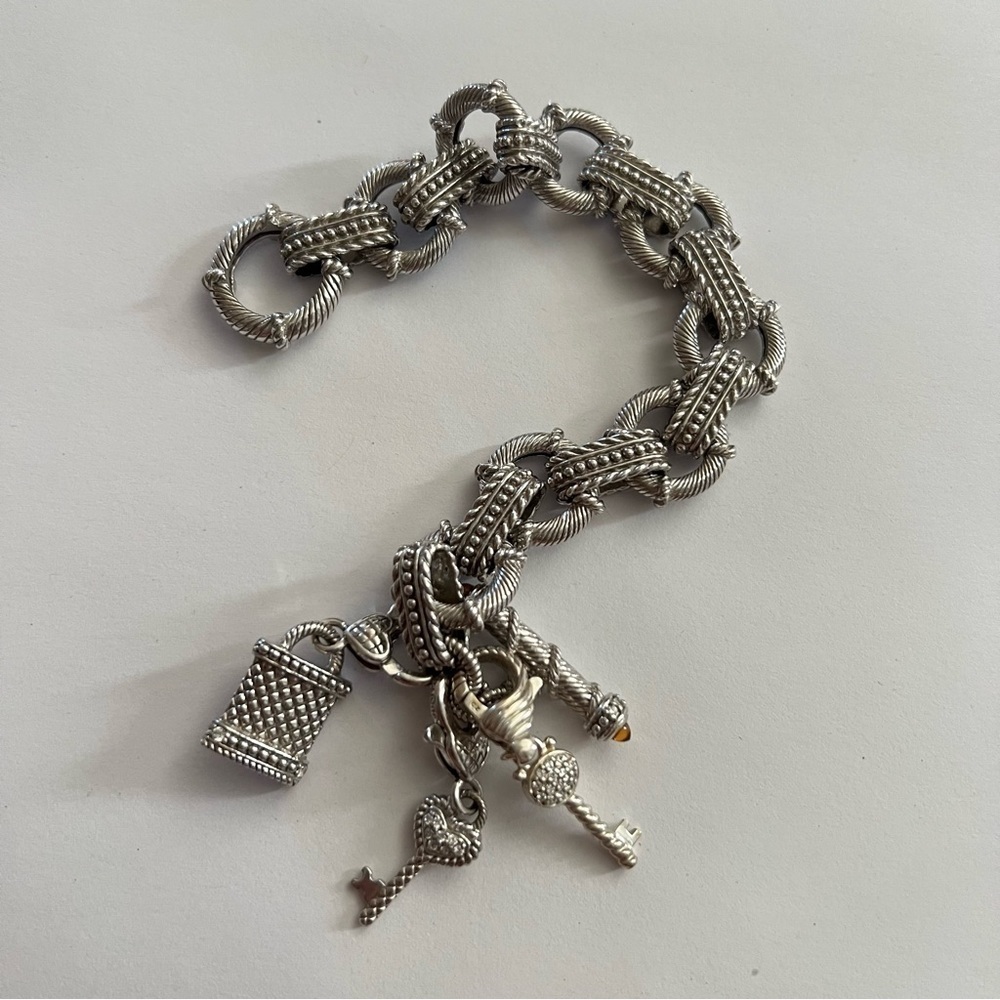 Judith Ripka 925 Sterling Silver Citrine Textured Toggle Bracelet w Three Charms